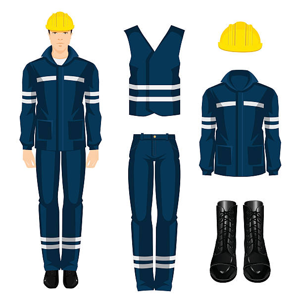 Vector 5 Man worker in protective wear and helmet. Set of protective wear, shoes and yellow safety helmet on white background